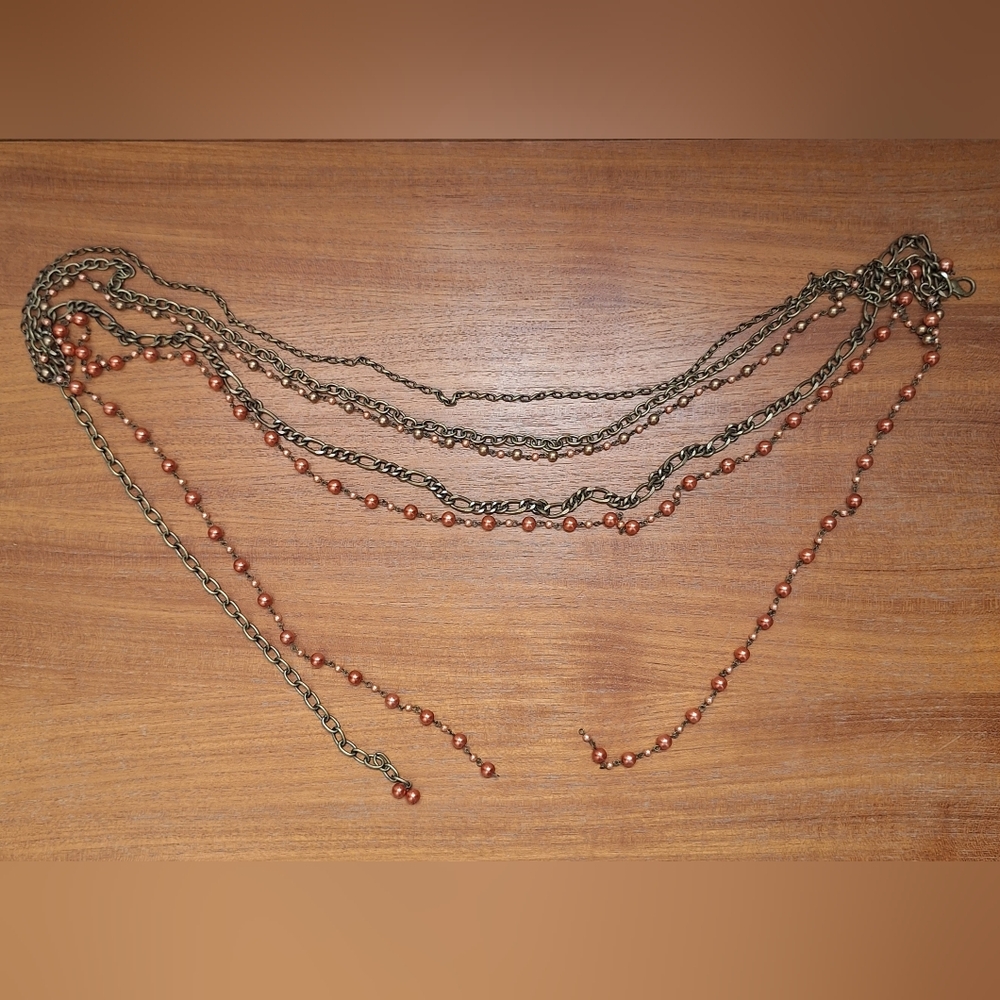 Pearl Beaded Metal Chain Belt Multi Strand Gold Coral Figaro Layered Boho Gypsy